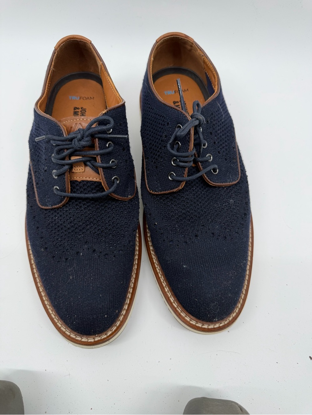 Johnston & Murphy Navy Knit Oxfords with Brown Trim